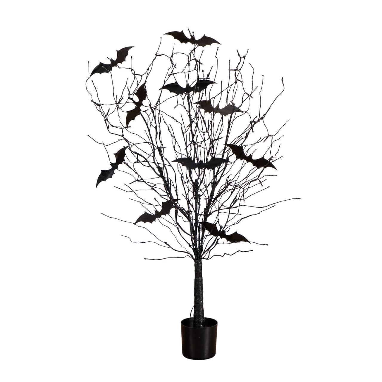 4ft. Pre-Lit Artificial Halloween Black Twig Tree with Bats and 50 Orange LED Lights